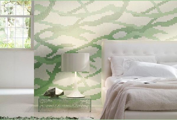 Mosaic-tiles-green-glittery-surface-bathroom-corner-wooden-furniture